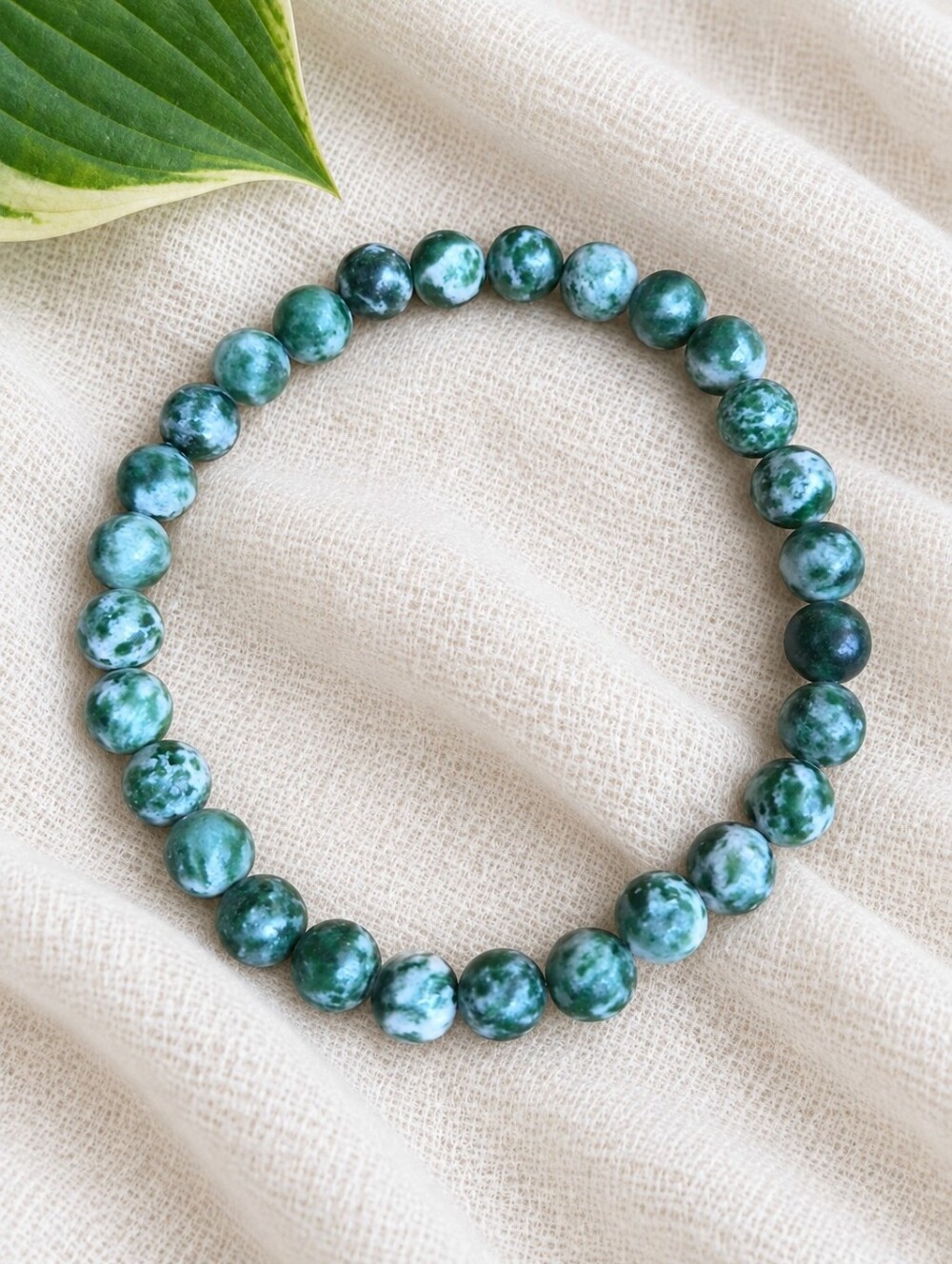 Green Tree Agate Beaded Stretch Bracelet | Handmade